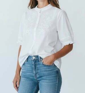 White Cotton Floral Embroidered Button Shirt Ruffle Neck Coquette Girlhood Core